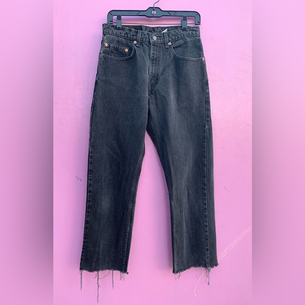 Faded Black Levi’s 505 Straight Cut Denim, Cropped Raw Hem